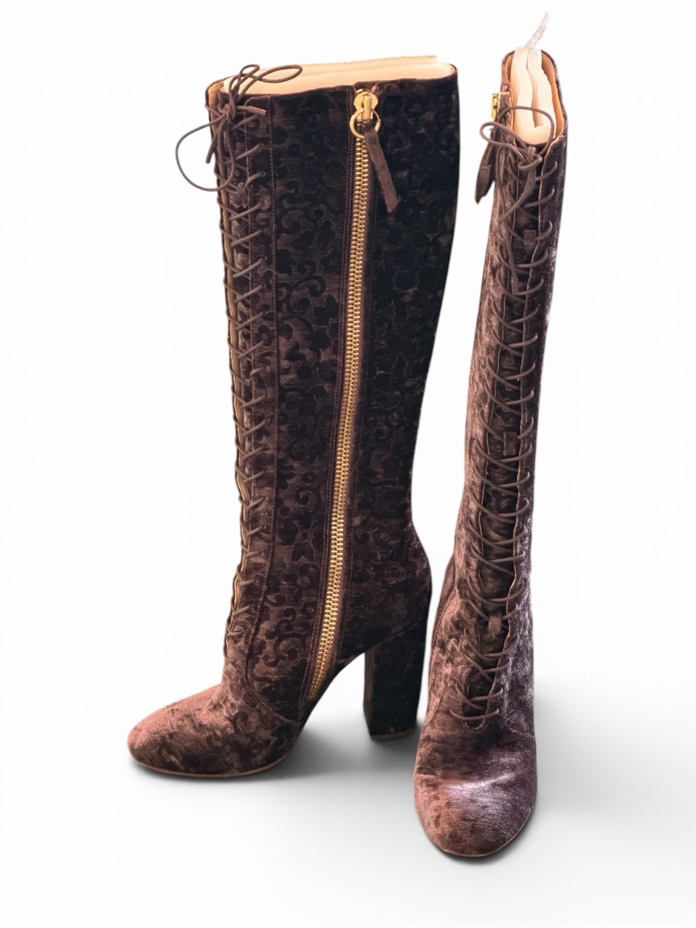 RARE Alice + Olivia Kaira Devoré Velvet Victorian Lace-Up KneeHigh Vero Cuoio